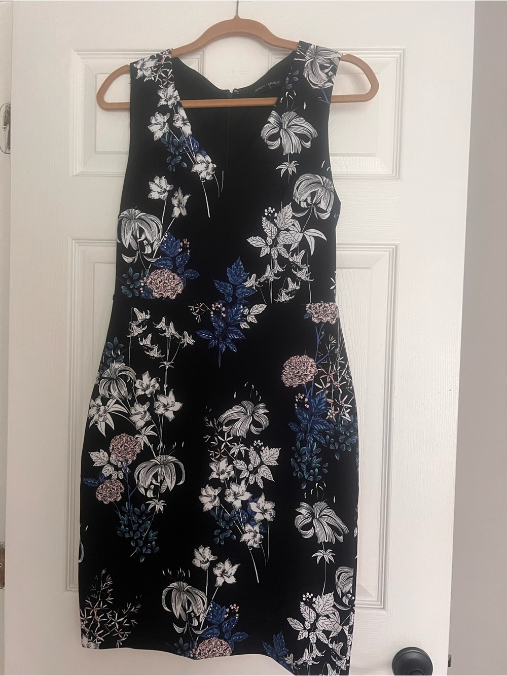 Banana Republic Black Floral Midi Dress with Blue & White Accents